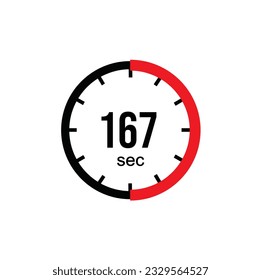 167 seconds timer clock. 167 sec stopwatch icon countdown time digital stop chronometer.