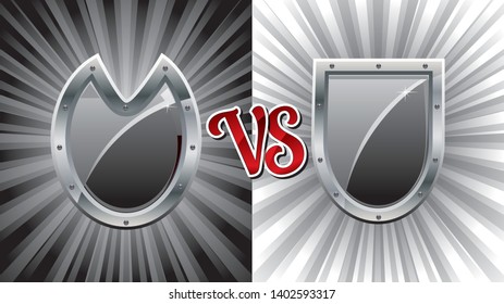 16:9 background with black and white team shields for versus fight battle, vector illustration, Versus vs background. Medieval games clan defender signs.