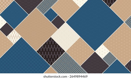 16:9 background material: Blue, black and gold geometric pattern made up of traditional Japanese patterns