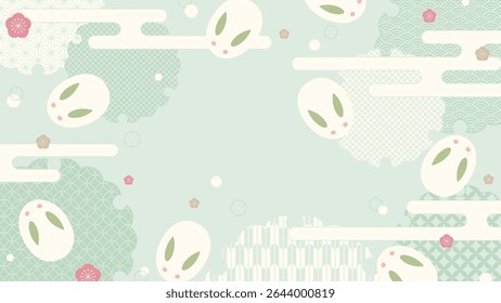Material de fondo 16:9: Una colección de patrones japoneses tradicionales, incluidos conejos de nieve, círculos de nieve y flores de ciruelo