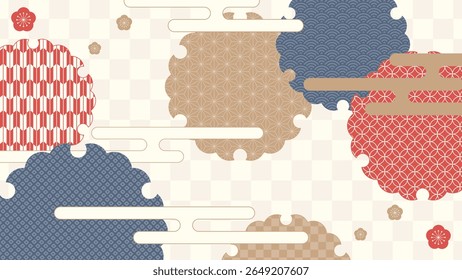 16:9 background material: Illustration of a landscape with snowflakes and plum blossoms drawn in traditional Japanese patterns