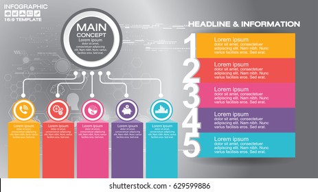 16:9 Infographic flyer templates and business vector elements. Use in website, corporate brochure, advertising and marketing. Pie charts, line graphs, bar graphs and timelines.