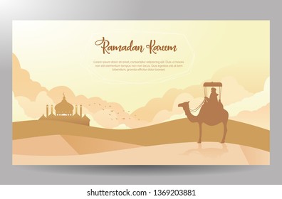 16:9 Ramadan kareem poster design, desert traveler riding a camel finding a mosque in distance