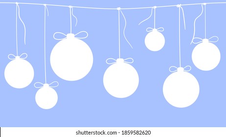 16:9 seamless pattern for background, banner with the new year decorations. White Christmas balls on the rope on blue background.  