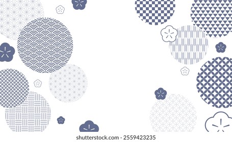 16:9 size vector illustration data: Indigo background material featuring traditional Japanese patterns