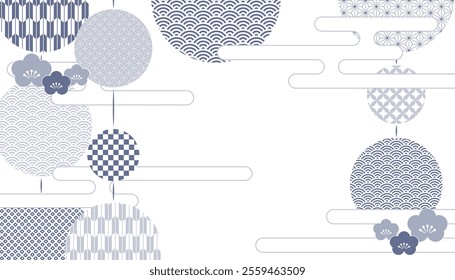 16:9 size vector illustration data: Indigo background material featuring traditional Japanese patterns