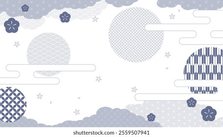 16:9 size vector illustration data: Indigo background material featuring traditional Japanese patterns