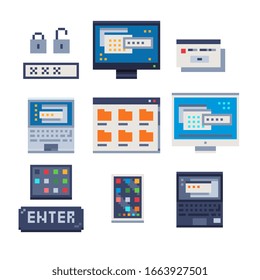 16bit computers. Computer modern technologies pixel art icons set, wifi internet sign, keyboard, retro floppy and monitor, display, ps. Isolated vector illustration. 