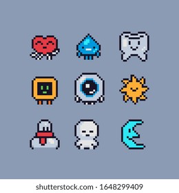 16-Bit Cute abstract creatures characters set, pixel art style icons, tooth, heart, funny snowman, moon and eye, element design for logo, app, web, sticker. Video game sprite. Isolated vector.