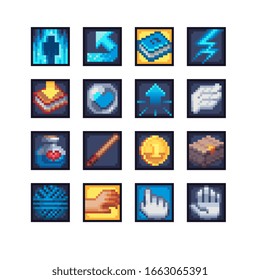 Iconos de arte de píxeles de 16 bits conjunto, flecha, libro, carga, corazón, mano, moneda y clic, diseño para logotipo, pegatina, web, aplicación móvil, ilustración vectorial aislada. Juego de 8 bits sprite. 