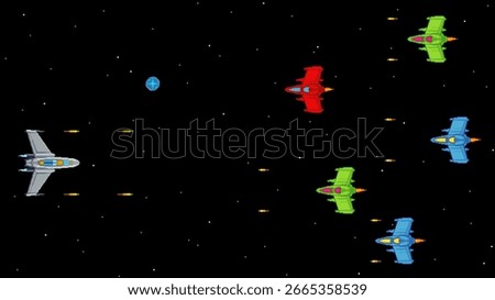 16-bit retro video game scene in pixel art style. Space battle with spaceship vs alien UFO ships for computer game. Pixelated galaxy shooter arcade concept. Vector illustration.