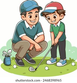 16-color vector cartoon of a father and son playing golf. The father teaches his son to swing a club on a bright, cheerful course. Ideal for themes of family bonding, outdoor fun, and sports.