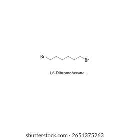 1,6-Dibromohexane skeletal structure. Halogenated alkane compound schematic illustration. Simple diagram, chemical formula.