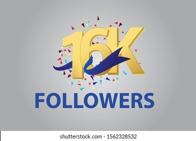 16K, 16.000 Followers Thank you blue ribbon celebration logotype for social media, internet - vector