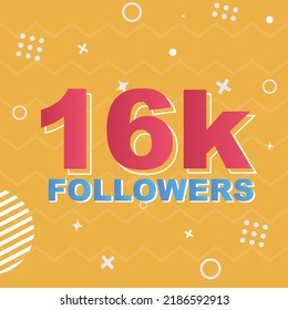 16k Followers Card Celebration Vector. 16000 Followers Congratulation Post Social Media Template. Modern colourful design.