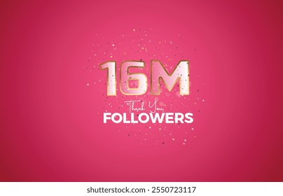 16M isolated on pink background with sparkling confetti, Thank you followers peoples, golden, Black number 16M online social group, 17M