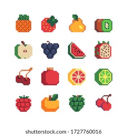16px flat fruits icons set, pixel art, pineapple, pear, kiwi, apple, grape, watermelon, cherry, lime, raspberry and peach. Design for logo, sticker and mobile app. Isolated vector illustration.