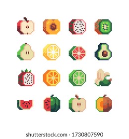 16px top-down fruits icons set, pixel art, apple, peach, pitahaya, kiwi, pear, orange, avocado, lime, banana, watermelon and melon. Design for logo, sticker and app. Isolated vector illustration.