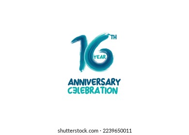 16th, 16 years, 16 year anniversary celebration fun style logotype. anniversary white logo with green blue color isolated on white background, vector design for celebrating event