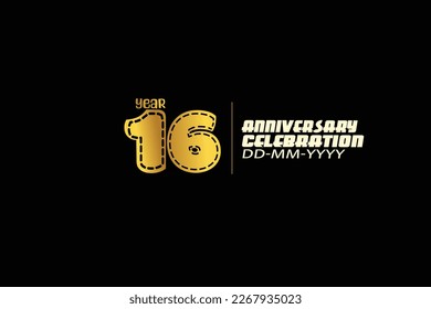 16th, 16 years, 16 year anniversary celebration abstract knit style logotype. anniversary with gold color isolated on black background-vector