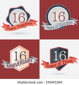 16th Anniversary / 16 years together / 16 years of Success / 16 years of trust - Set of Retro vector Stamps and Seal  