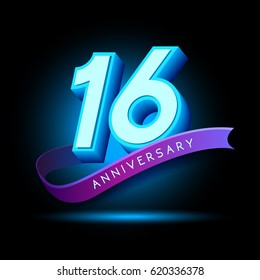 16th Anniversary 3D text with glow effect .celebration vector  template design