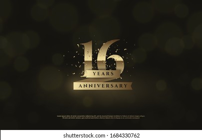 16th anniversary background with gold number illustrations on a black background and a blur circle