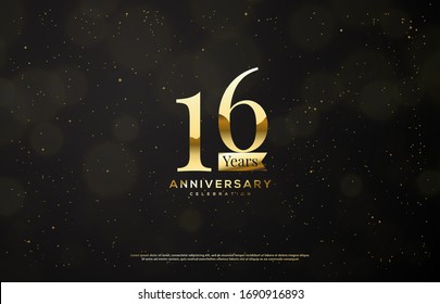 16th anniversary background with an illustration of golden numbers on a black background and a blur circle.