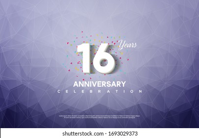 16th anniversary background with an illustration of white numbers on a background of broken glass.