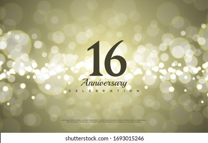 16th anniversary background with illustrations of black numbers with golden light behind,