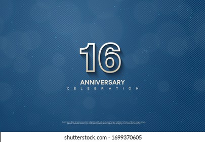 16th anniversary background with illustrations of figures and writing below on a dark blue background.