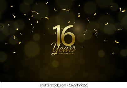 16th anniversary background with illustrations of golden figures of light effects and the writing below.