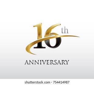 16th anniversary black and golden swoosh. simple logo vector design for greeting card and invitation card