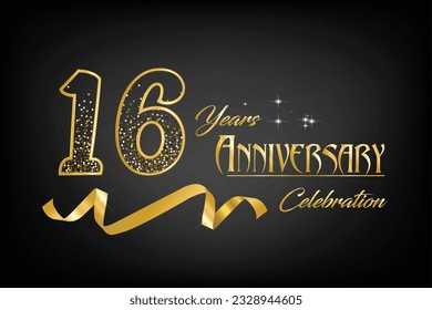 16th Anniversary Celebrating golden text and confetti on dark background with numbers. 