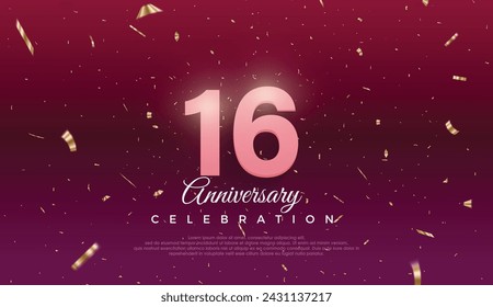 16th Anniversary celebration, 16 Anniversary celebration, Dark purple background, festive illustration,Realistic 3d sign, stars, Pink number with red ribbon 16 sparkling confetti, 16,17