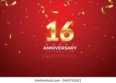 16th Anniversary celebration, 16 Anniversary celebration On Red background for celebration event, festive illustration, Golden number 16 sparkling confetti, 16,17