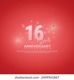 16th Anniversary celebration, 16 Anniversary celebration, Realistic 3d sign, stars, festive illustration, red background with Pink number 16 sparkling confetti, 16,17