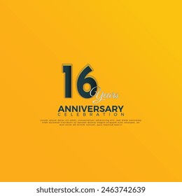 16th Anniversary celebration, 16 Anniversary celebration, Realistic 3d sign, stars, festive illustration, Orange Yellow background with Dark Blue number 16,17