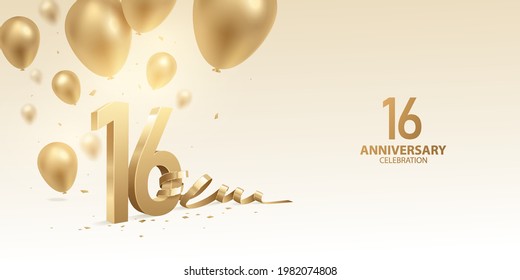 16th Anniversary celebration background. 3D Golden numbers with bent ribbon, confetti and balloons.