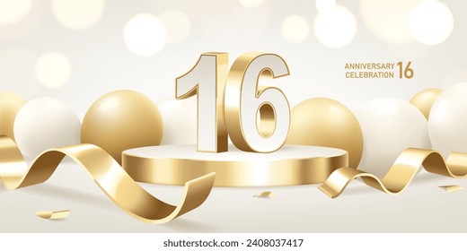 16th Anniversary celebration background. Golden 3D numbers on round podium with golden ribbons and balloons with bokeh lights in background.