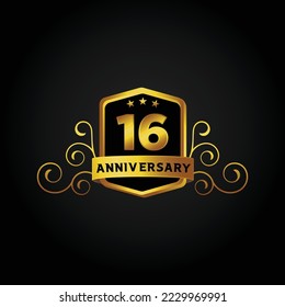 16th anniversary celebration background. Vector illustration, Beautiful greeting banner poster and golden logo with gold text word and gold number.