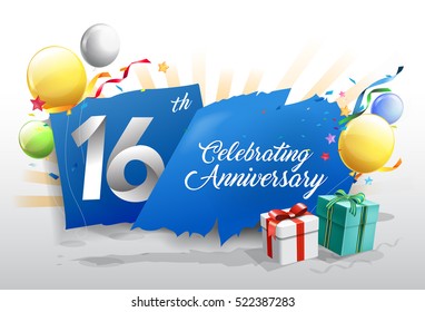 16th anniversary celebration with colorful confetti and balloon on blue background with shiny elements. design template for your birthday party.