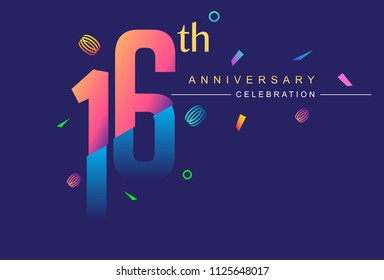 16th anniversary celebration with colorful design, modern style with ribbon and colorful confetti isolated on dark background, for birthday celebration
