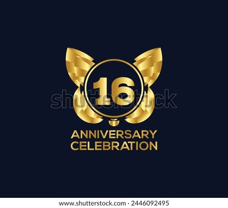 16th anniversary celebration day with gold color Light bright modern logo Design element