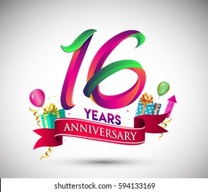 16th Anniversary Celebration Design, with gift box and balloons, Red ribbon, Colorful Vector template elements for your, sixteen years birthday celebration party.