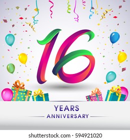 16th Anniversary Celebration Design, with gift box, balloons and confetti, Colorful Vector template elements for your, sixteen years birthday celebration party.