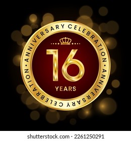 16th Anniversary Celebration. logo design with golden number and ring for birthday celebration event, invitation, greeting card, banner, poster, flyer, brochure, book cover. Logo Vector Template