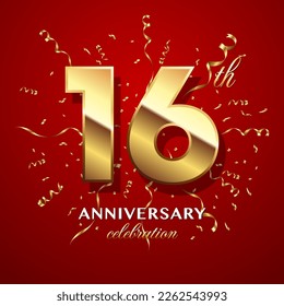 16th Anniversary Celebration. logo design with golden numbers and text for birthday celebration event, invitation, wedding, greeting card, banner, poster, flyer, brochure. Logo Vector Template