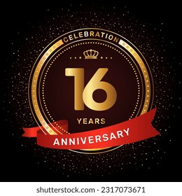 16th anniversary celebration logo design with a golden ring and red ribbon concept, vector template