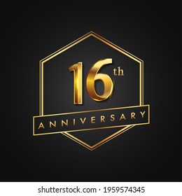 16th Anniversary Celebration. Anniversary logo with hexagon and elegance golden color isolated on black background, vector design for celebration, invitation card, and greeting card